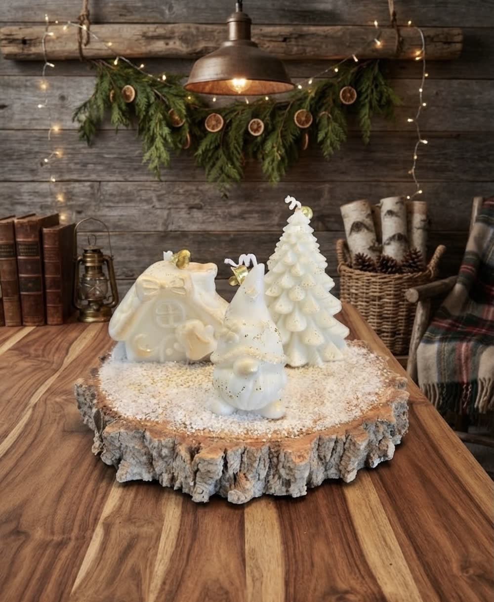 Composición de velas blancas con casita de jengibre, gnomo y pino sobre tabla de madera